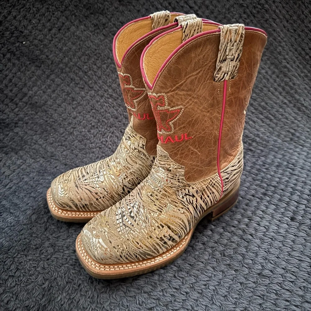 Tin Haul Kids Cowboy Boots Golden Tiger Hear Me Roar Brown Cream w Pink Accents - Picture 5 of 11